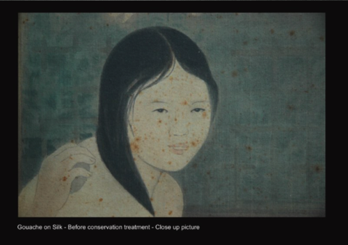 Gouache on Silk - Before conservation - Close up picture Gouache on Silk - Before conservation - Close up picture